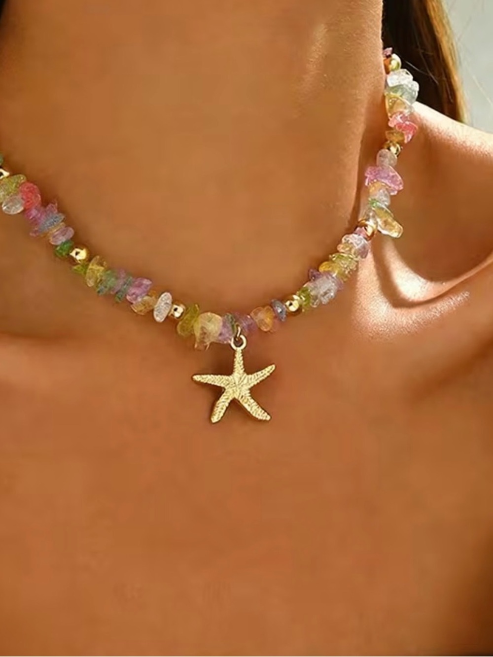 Gold Starfish Pendant Multicolor Bead Necklace